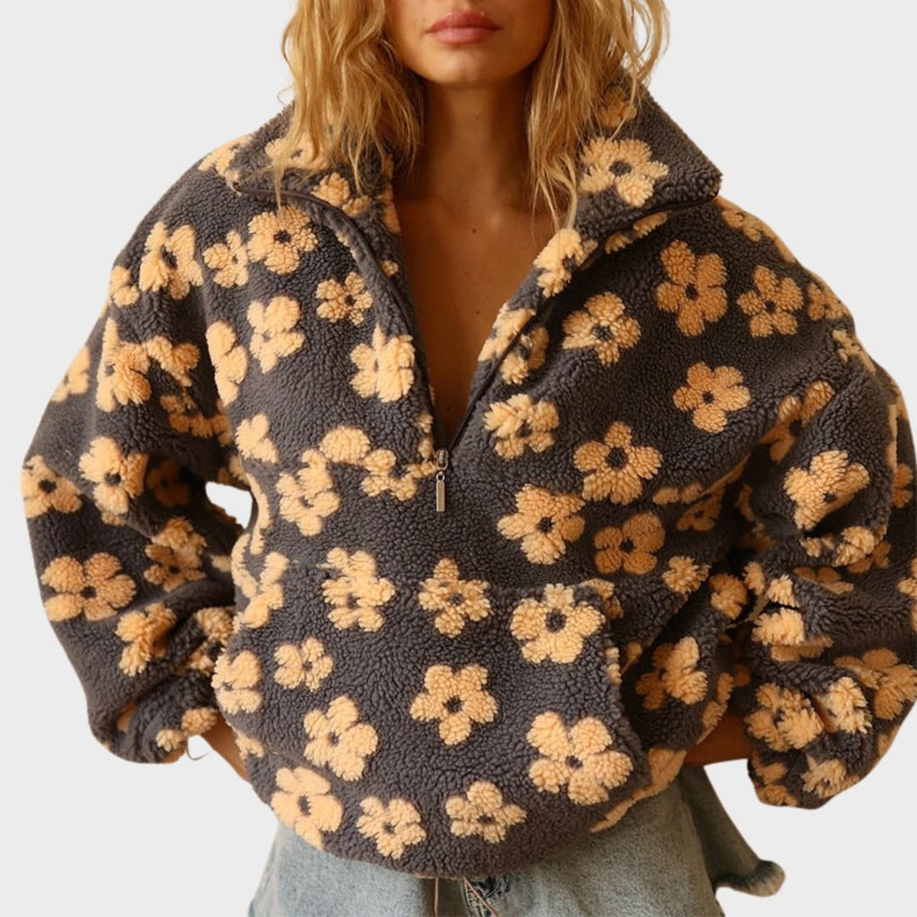 Women's floral half-zip pullover with stand collar and long sleeves