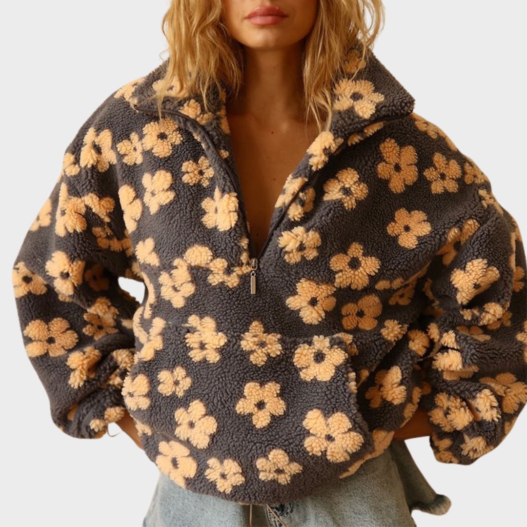 Women's floral half-zip pullover with stand collar and long sleeves
