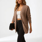Women's long ribbed knit cardigan with open front and pockets
