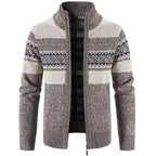 Men's geometric striped knit cardigan jacket with mock neck and zip front