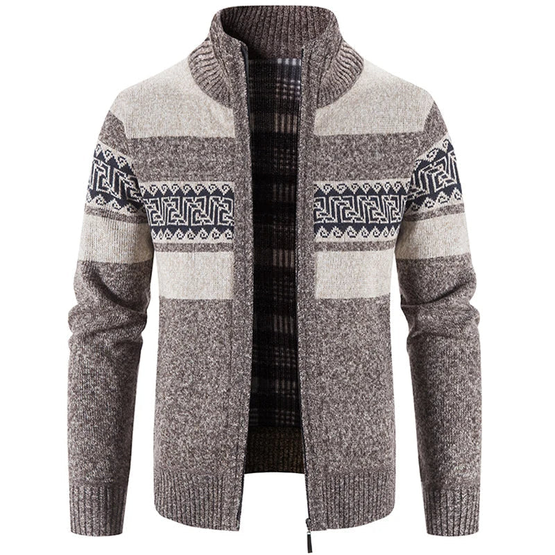 Men's geometric striped knit cardigan jacket with mock neck and zip front
