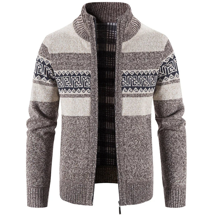 Men's geometric striped knit cardigan jacket with mock neck and zip front