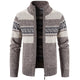 Men's geometric striped knit cardigan jacket with mock neck and zip front