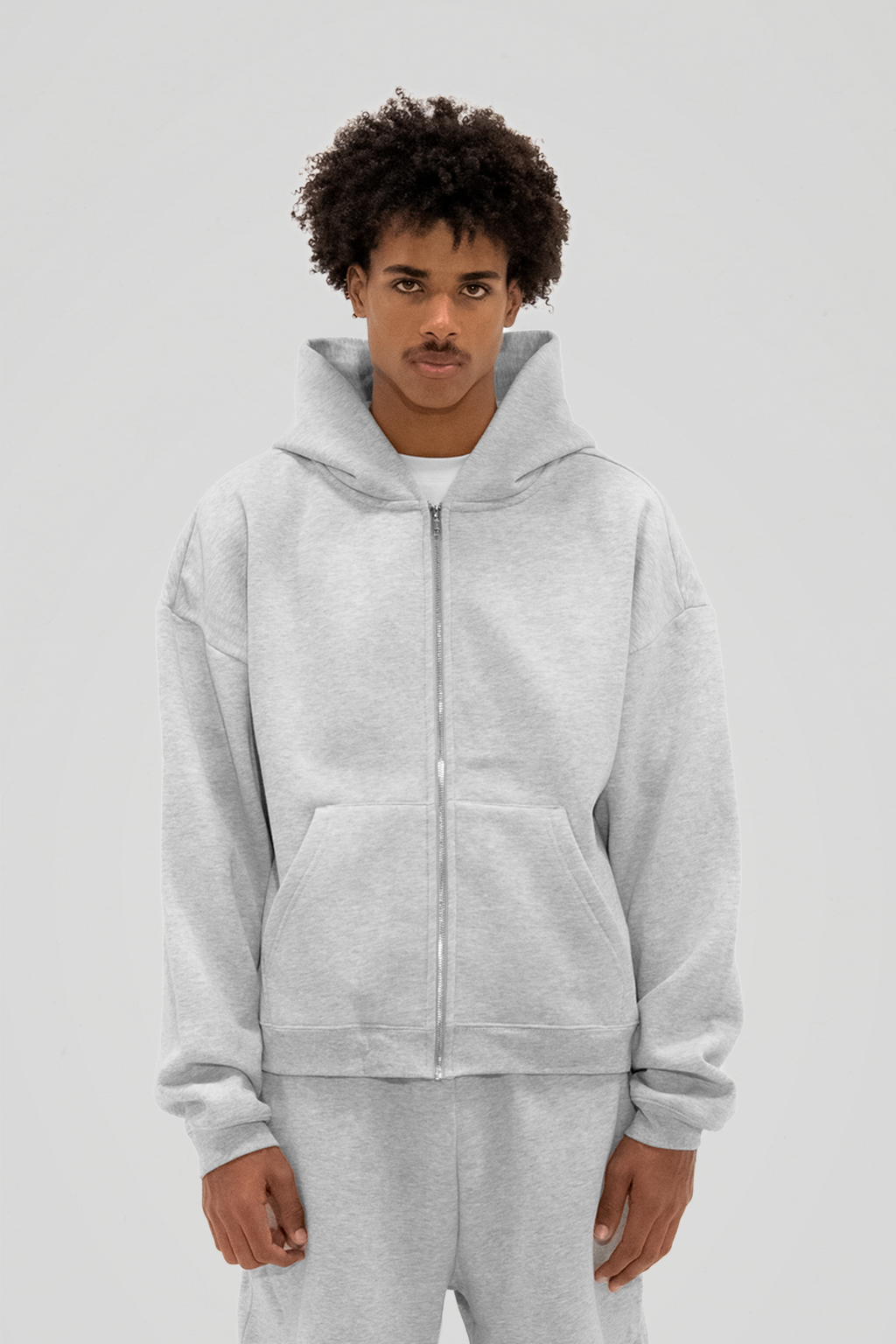 Men's gray zip-up hoodie with hood and kangaroo pocket