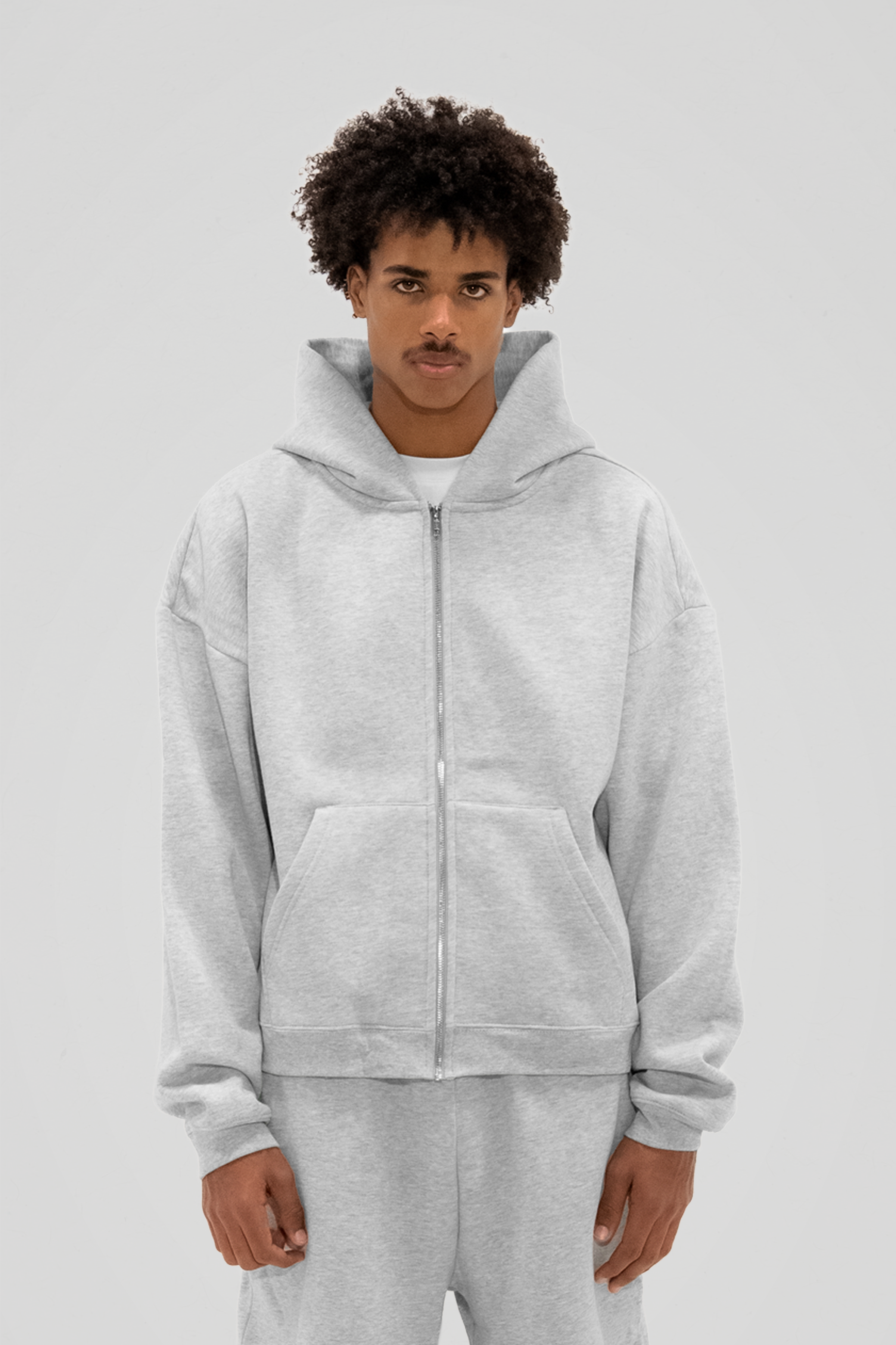 Men's gray zip-up hoodie with hood and kangaroo pocket