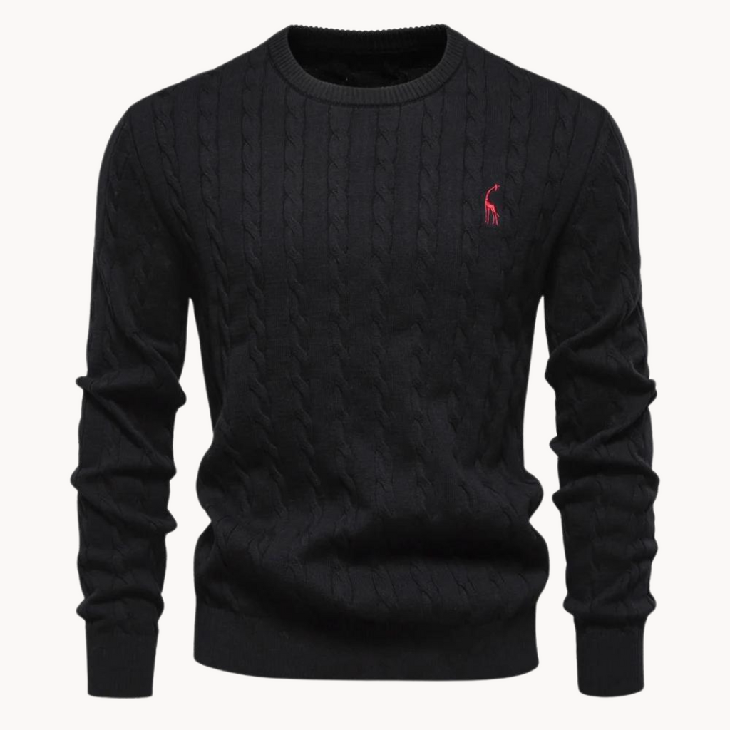 Men's cable-knit jumper with crew neck, long sleeves and chest emblem