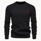 Men's cable-knit jumper with crew neck, long sleeves and chest emblem