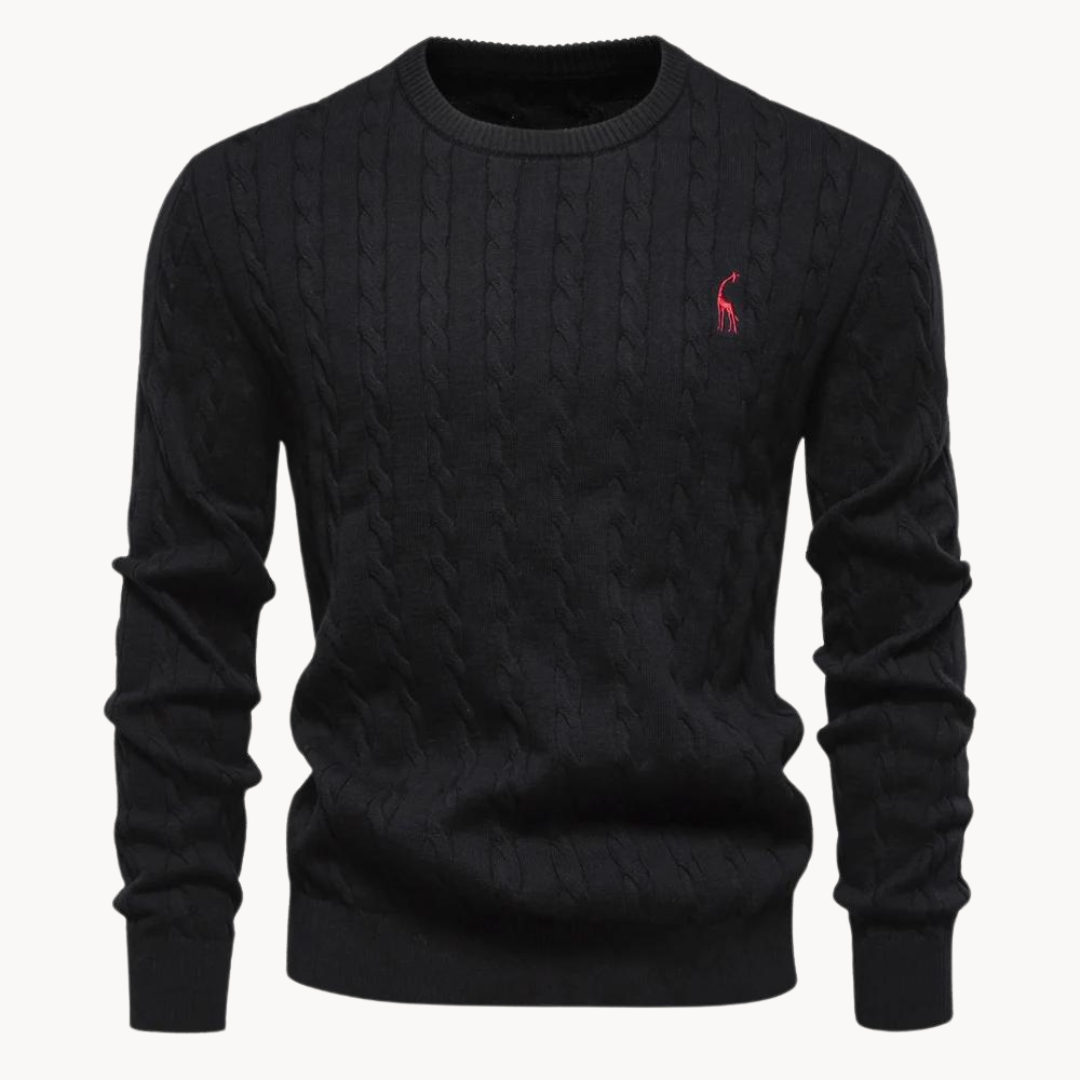 Men's cable-knit jumper with crew neck, long sleeves and chest emblem