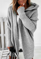 Women's oversized hooded cardigan with batwing sleeves and ribbed trims
