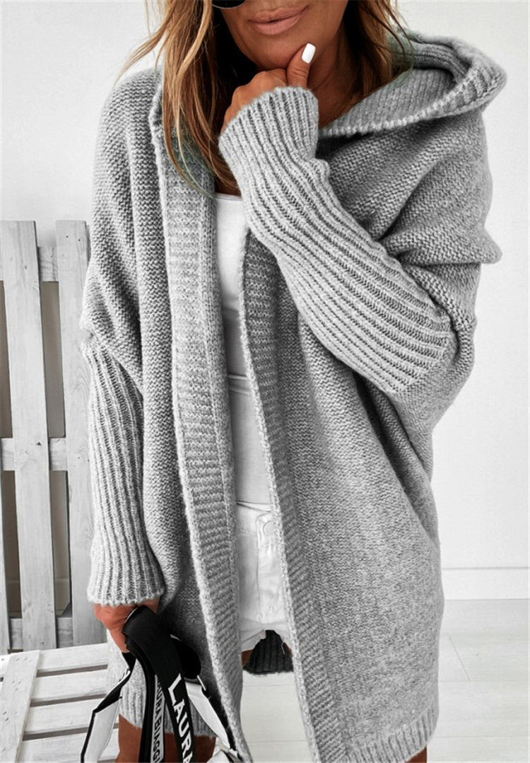 Women's oversized hooded cardigan with batwing sleeves and ribbed trims
