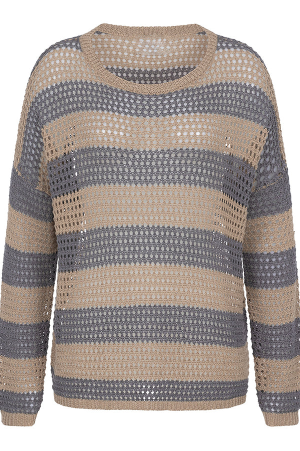 Women's striped open-knit sweater with crew neckline and long sleeves