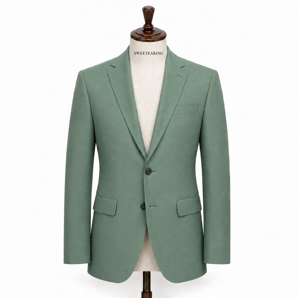 Men's muted green three-piece suit with textured jacket, waistcoat and trousers