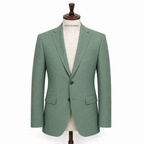 Men's muted green three-piece suit with textured jacket, waistcoat and trousers