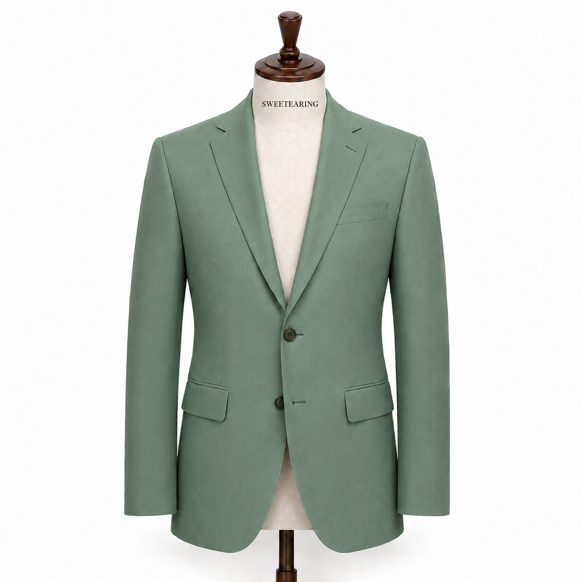 Men's muted green three-piece suit with textured jacket, waistcoat and trousers