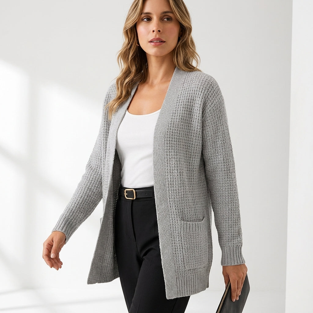 Women's long ribbed knit cardigan with open front and pockets