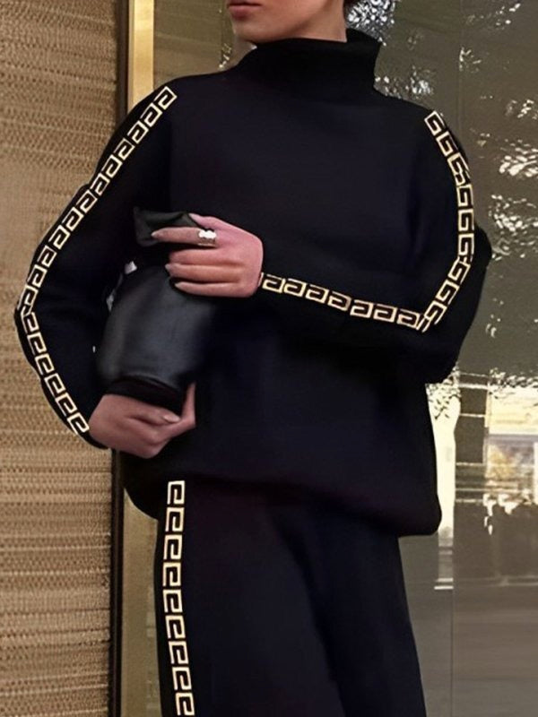 Women's black high neck sweatshirt with geometric sleeve trim