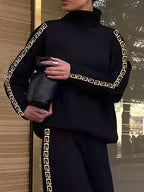 Women's black high neck sweatshirt with geometric sleeve trim
