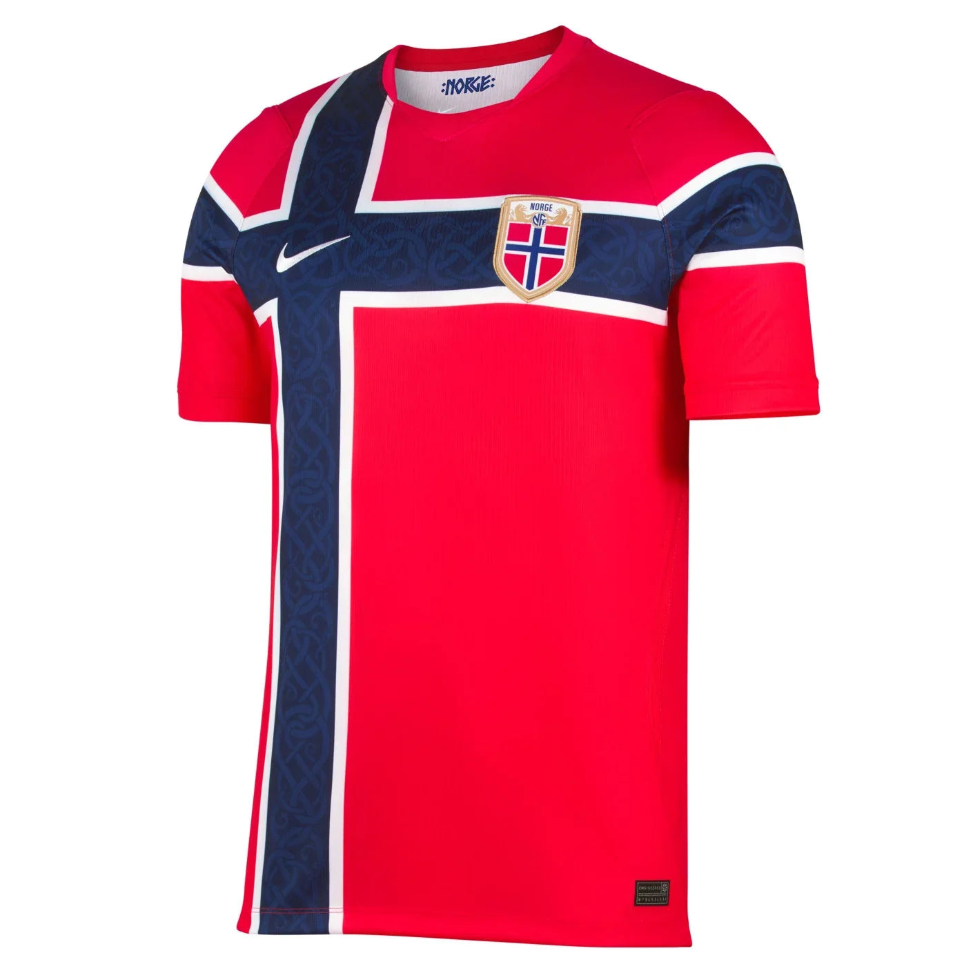 Red Norway football shirt with navy and white flag design