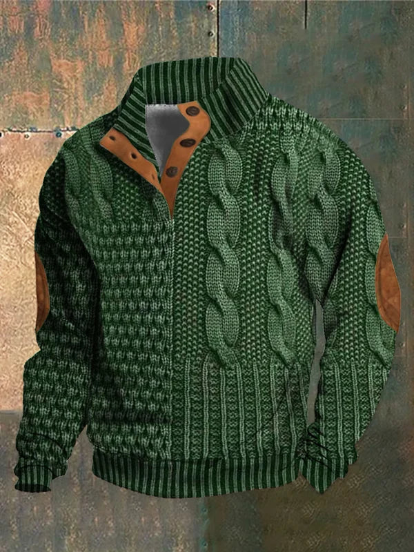 Men's patterned cable knit sweater with button collar