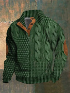 Men's patterned cable knit sweater with button collar