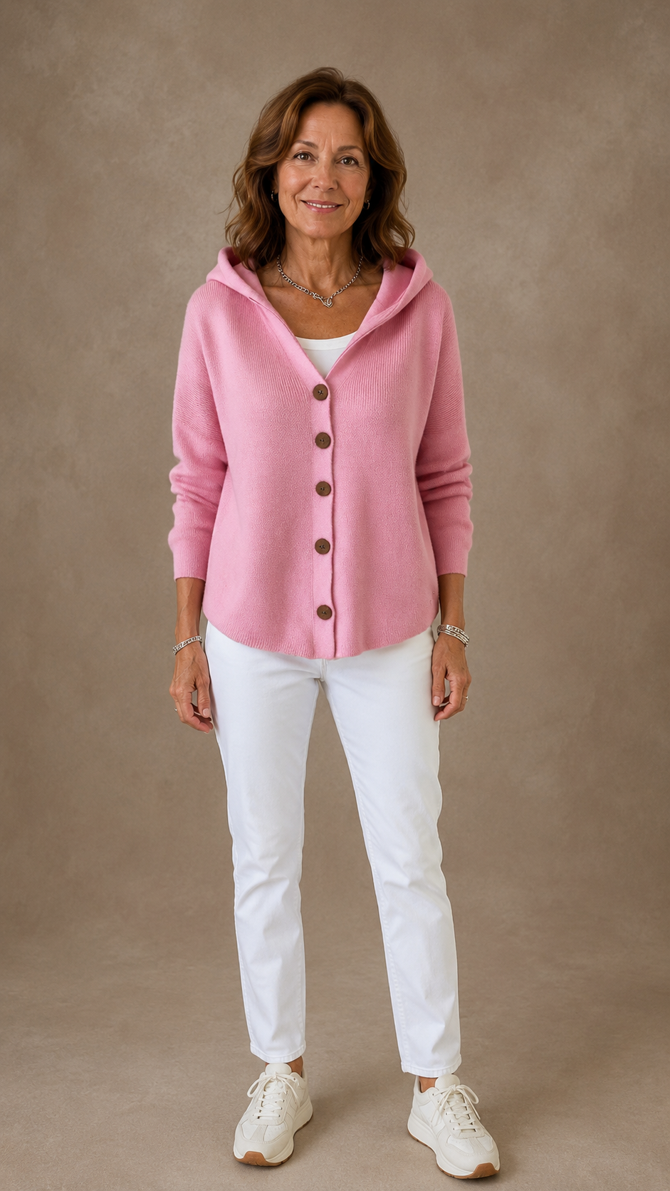 Women's hooded button cardigan with long sleeves