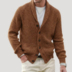 Men's ribbed button-front cardigan with shawl collar and pockets