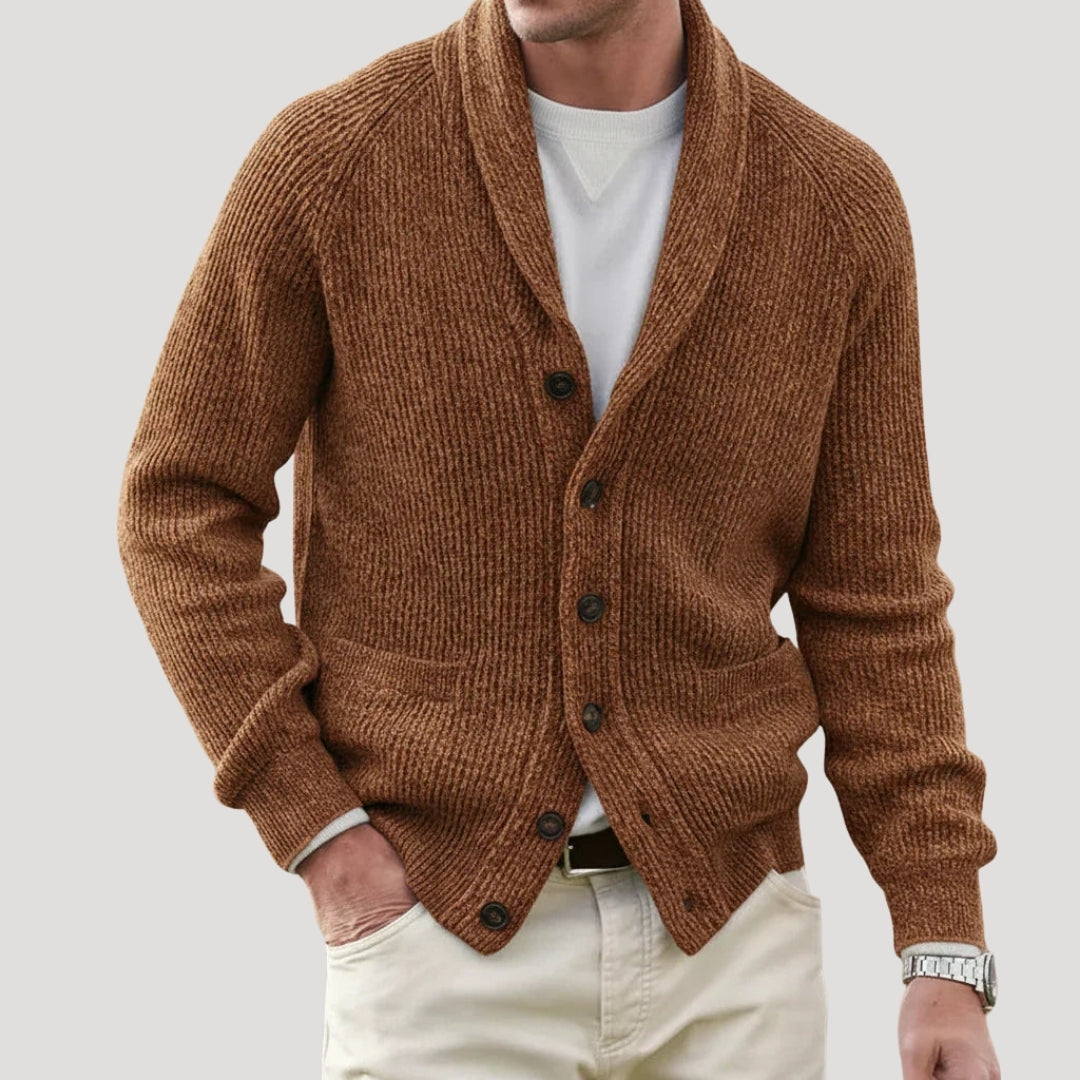 Men's ribbed button-front cardigan with shawl collar and pockets