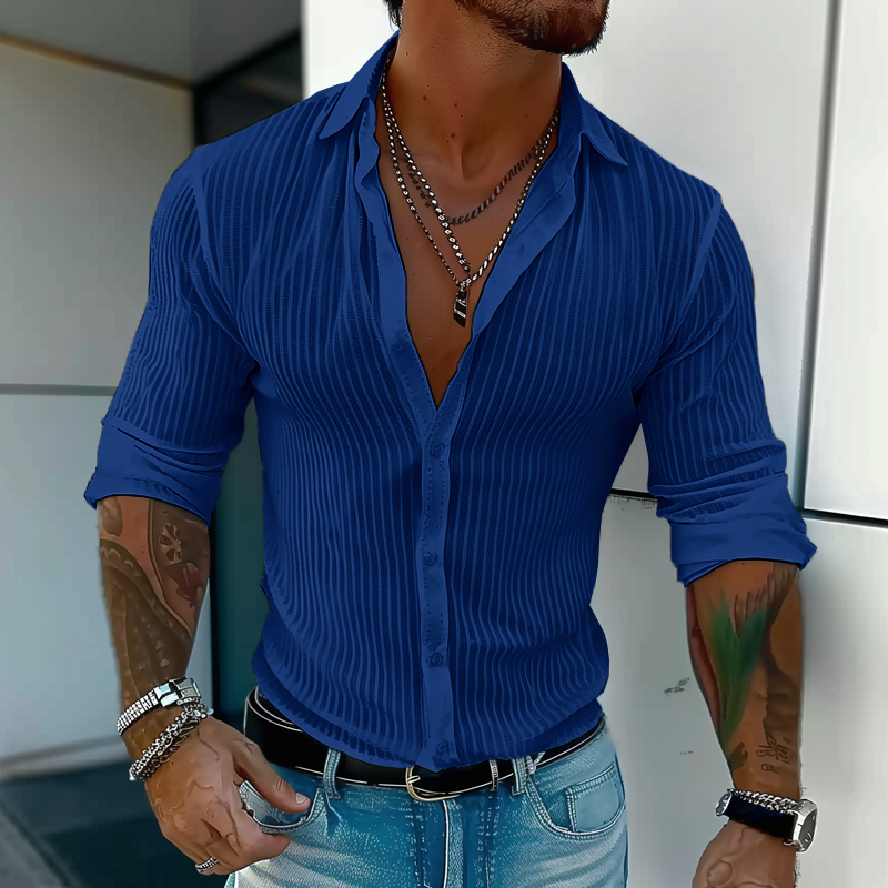 Men's striped long-sleeve shirt with open collar and buttons