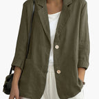 Women's navy blazer with notched lapels and front buttons
