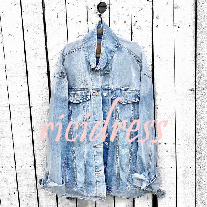 Graphic denim jacket with colourful Halloween-style artwork on the back