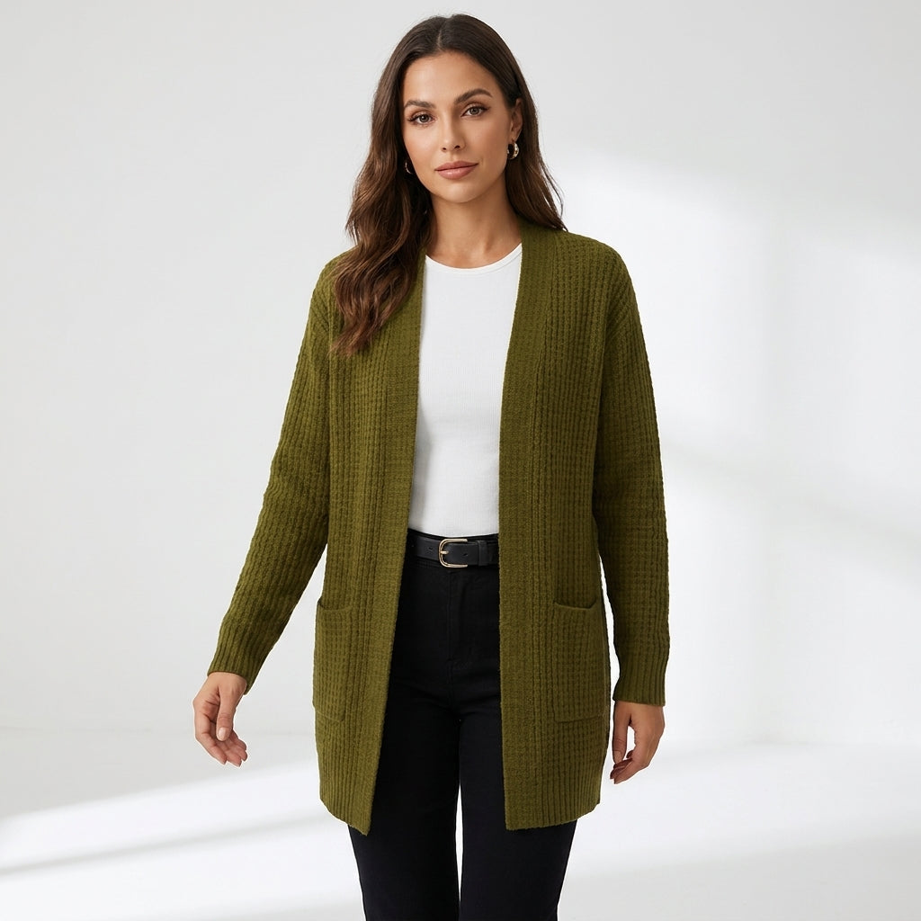 Women's long ribbed knit cardigan with open front and pockets