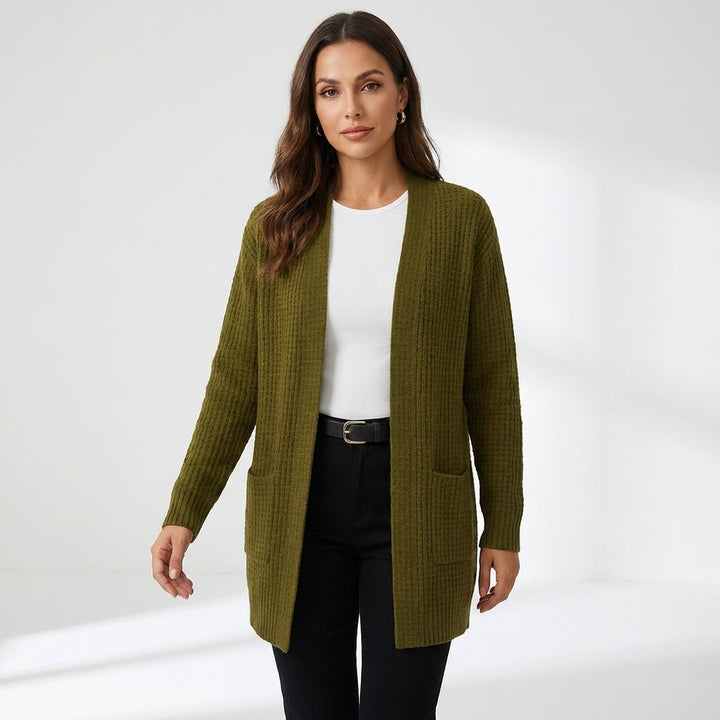 Women's long ribbed knit cardigan with open front and pockets