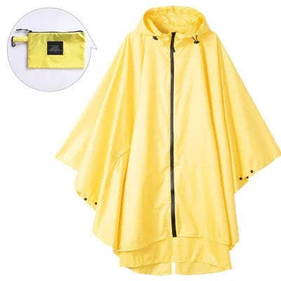Patterned unisex hooded rain poncho with zip front and matching pouch