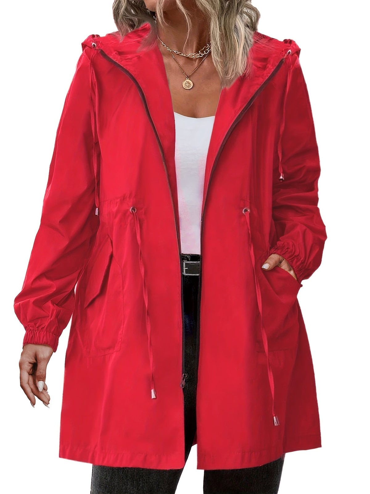 Women's longline hooded raincoat with zip front and drawstring waist