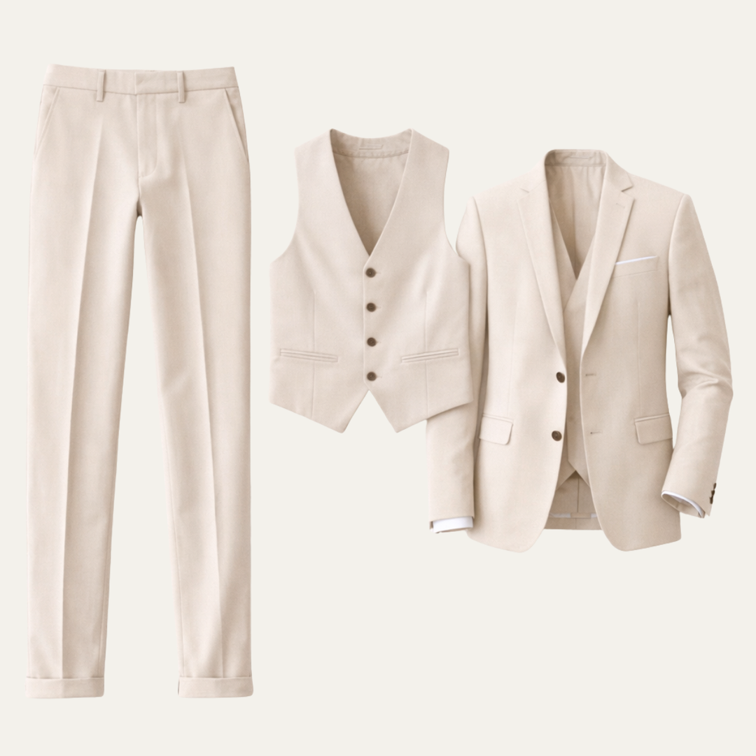 Men's three-piece slim fit suit with blazer waistcoat and trousers