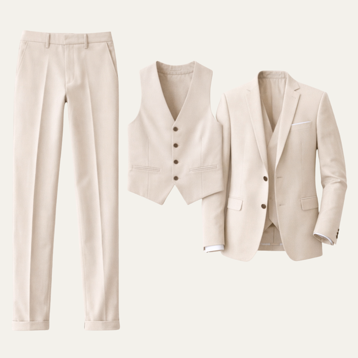 Men's three-piece slim fit suit with blazer waistcoat and trousers