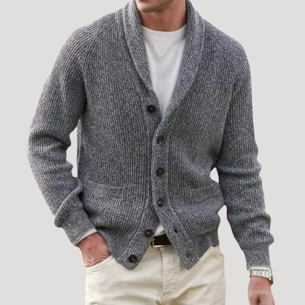 Men's ribbed button-front cardigan with shawl collar and pockets