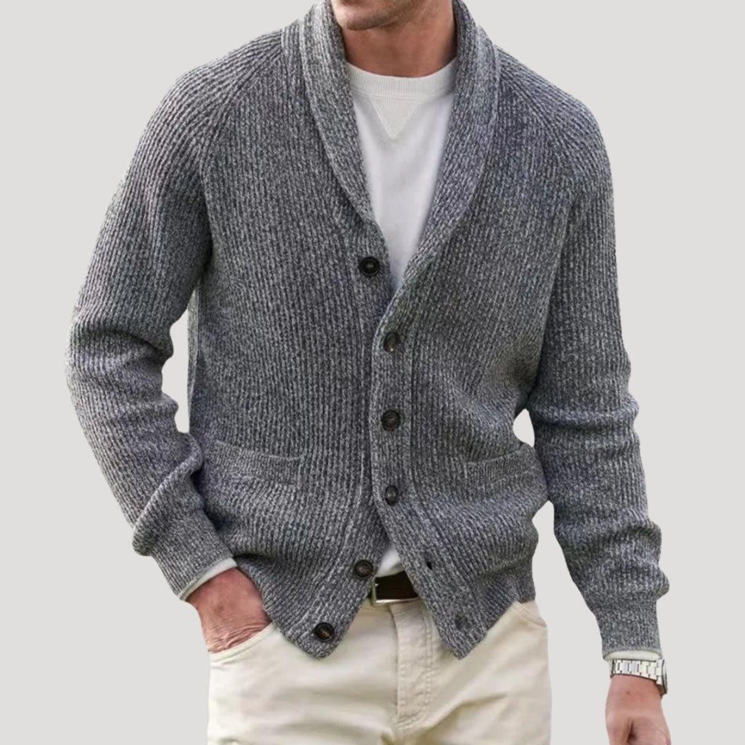 Men's ribbed button-front cardigan with shawl collar and pockets