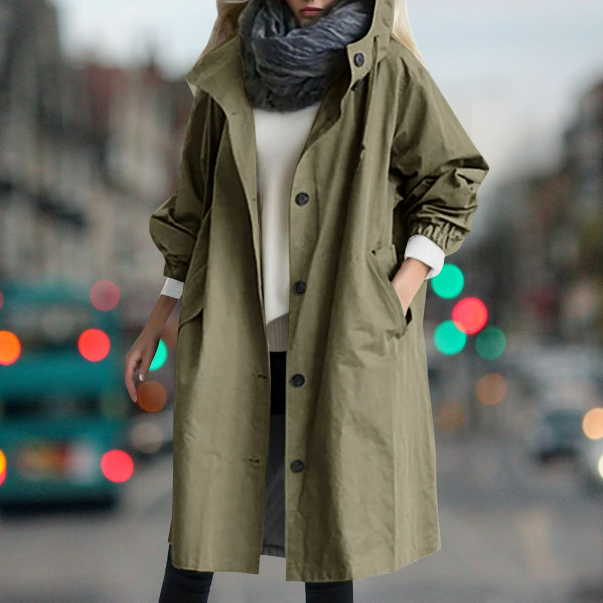 Women's longline hooded rain coat with button front and side pockets