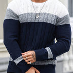 Men's long-sleeve colour-block cable knit sweater with crew neck