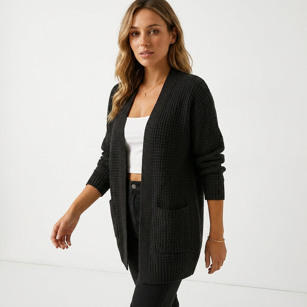 Women's long ribbed knit cardigan with open front and pockets