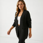 Women's long ribbed knit cardigan with open front and pockets