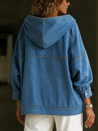 Women's blue hooded sweatshirt with long sleeves, panel seams and front kangaroo pocket