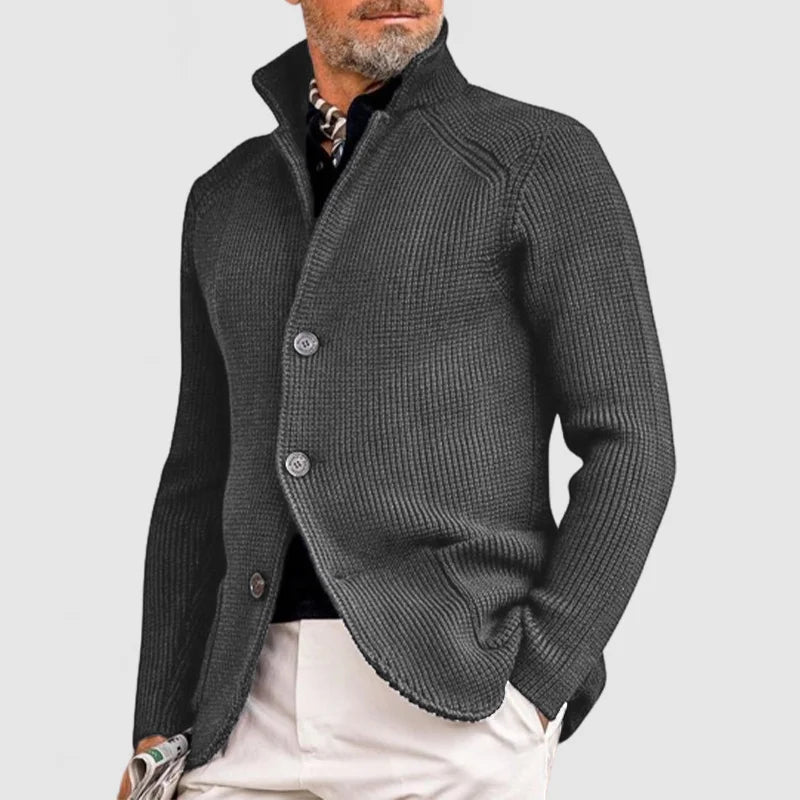 Men's ribbed knit cardigan with stand collar and button front