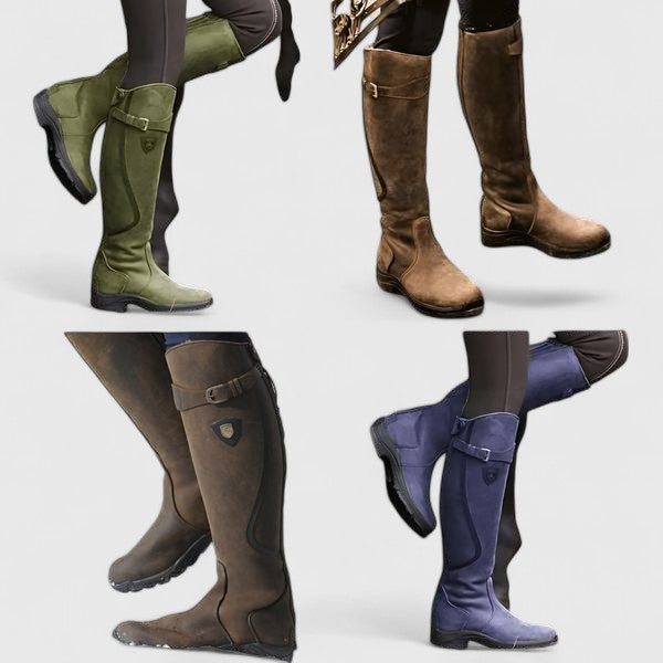 Tall winter boots with buckle straps and low heels