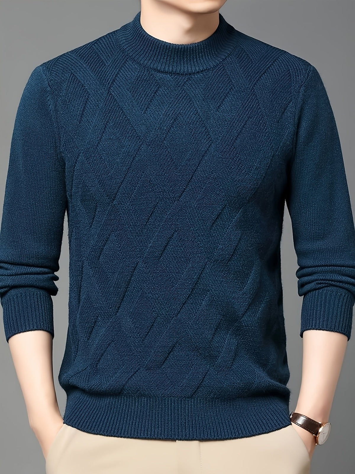 Textured geometric knit jumper with mock neck and long sleeves