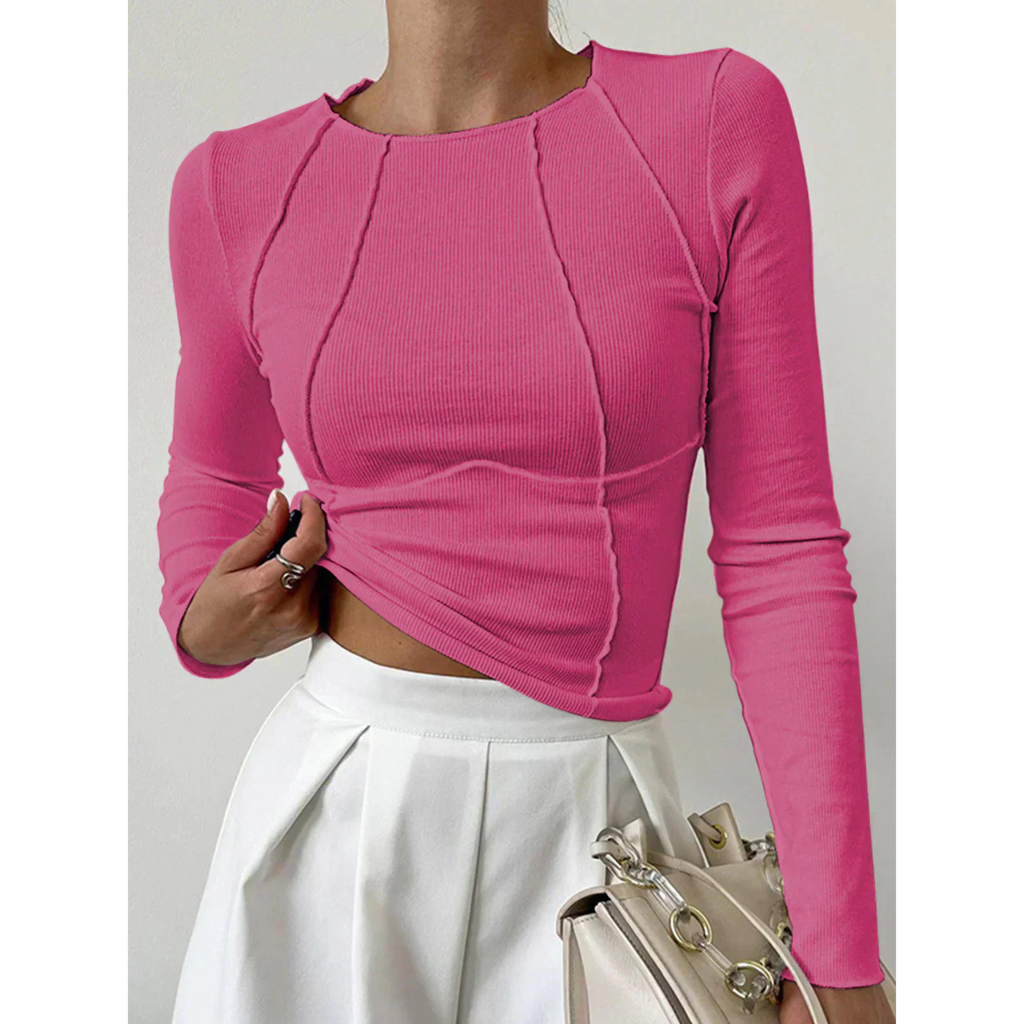 Women's fitted ribbed long-sleeve top with round neckline