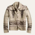 Men's beige patterned shawl collar cardigan with buttons and western motifs