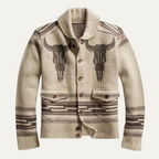 Men's beige patterned shawl collar cardigan with buttons and western motifs