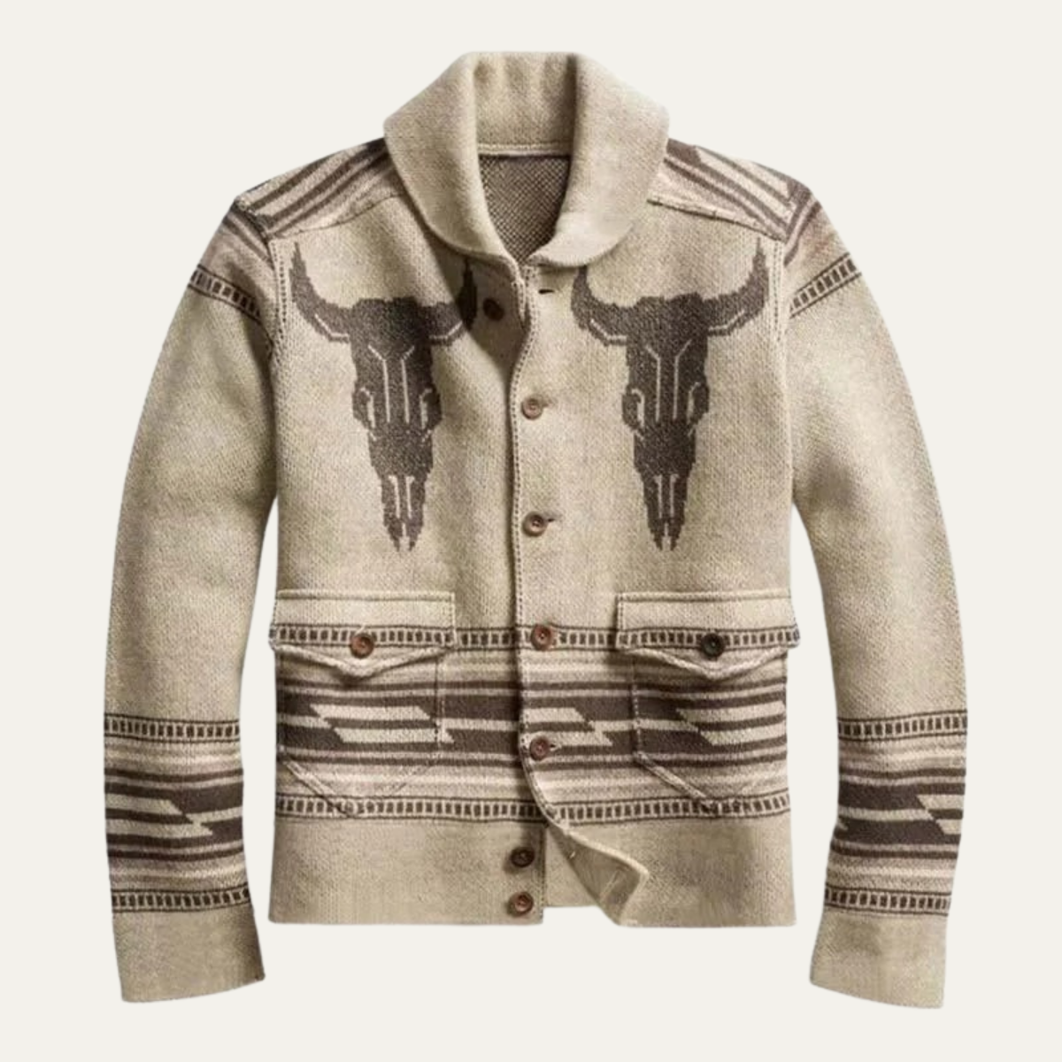 Men's beige patterned shawl collar cardigan with buttons and western motifs